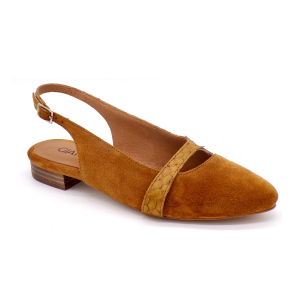 Sapato feminino Alana Camel em crute acamurçado e pele píton, feito em Portugal.